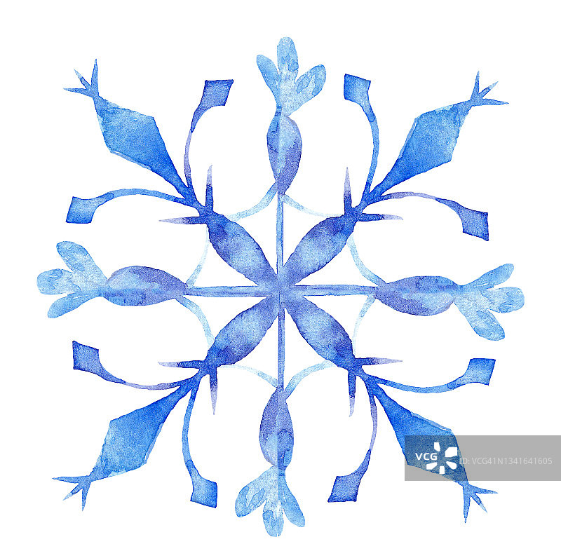 手绘水彩蓝色雪花。新年的象征。冬天的插图。图片素材