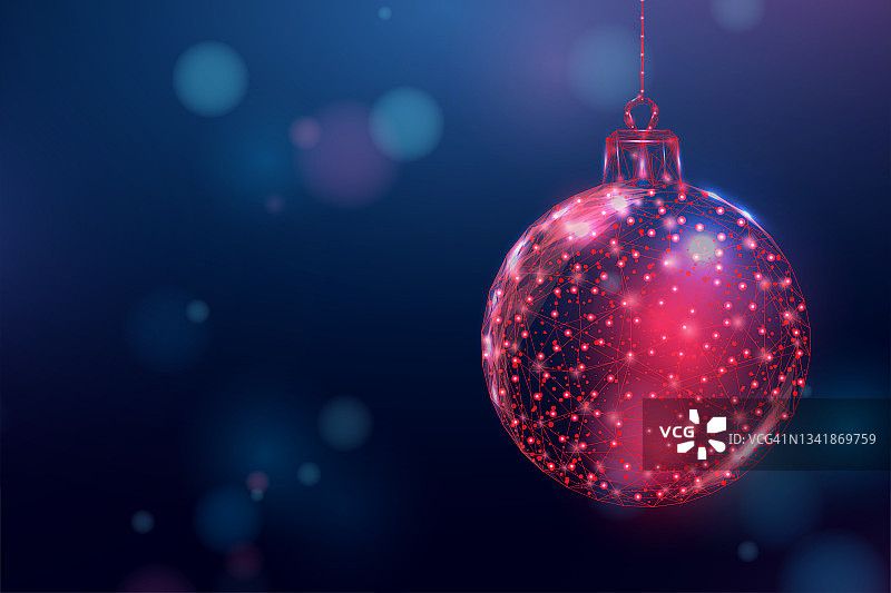 线框圣诞球，低聚风格。旗帜的概念，圣诞节或新年与一个地方的题词。抽象现代三维矢量插图的蓝色背景。图片素材