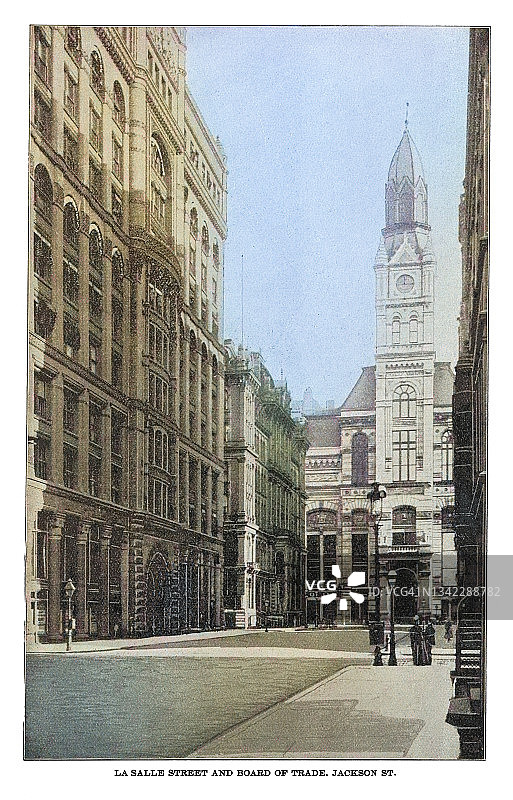 旧版画插图的芝加哥在19世纪，拉萨尔街和董事会的贸易杰克逊街。图片素材