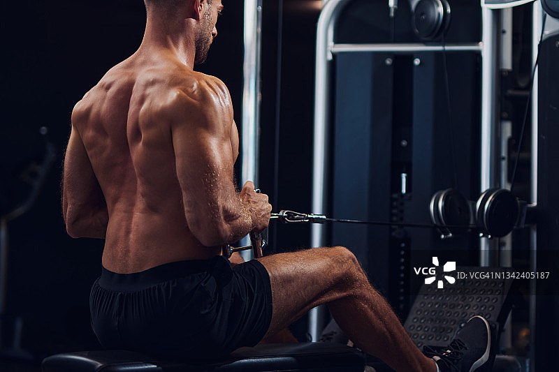 肌肉发达的男子在坐式排索机中进行锻炼图片素材