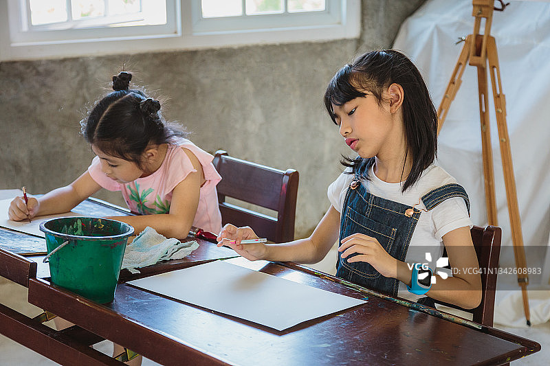亚洲女孩在家里或小学用纸上用铅笔画画图片素材