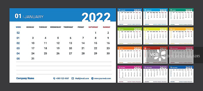 矢量日历2022模板规划师新年日历，风格简单多彩，节日活动规划师，12个月的年度时间表日记。备忘录的空间。图片素材