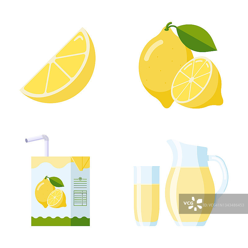 新鲜柠檬水果和柠檬水套装。平风格集合图片素材