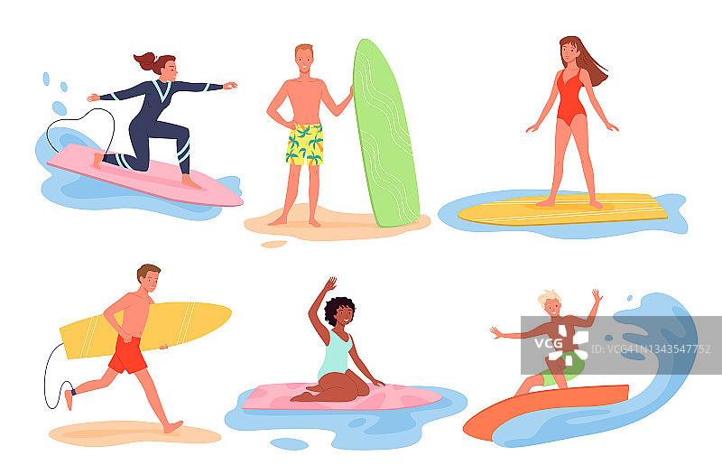 卡通年轻男女角色穿着比基尼在冲浪板上冲浪，漂浮在海浪上，夏季巡航收集。冲浪者在夏天的海滩上冲浪。图片素材