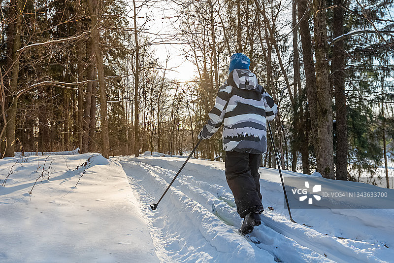 小男孩在雪林里练习滑雪图片素材