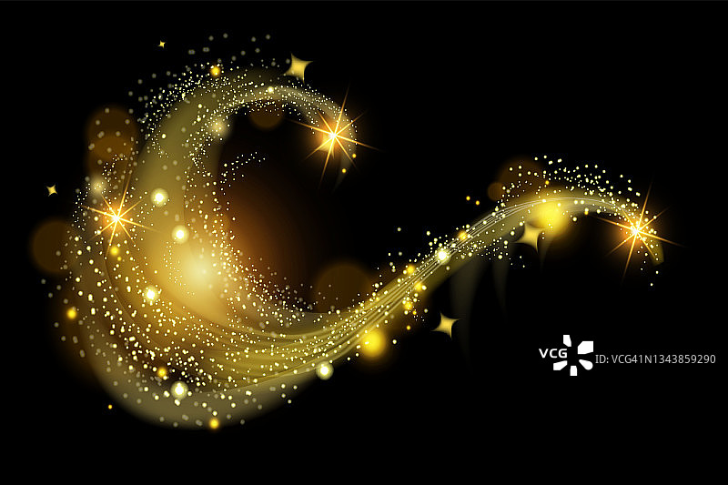 圣诞魔法尘波，矢量金色x-mas闪光漩涡，闪耀发光的星星，黄色奢华设计。图片素材