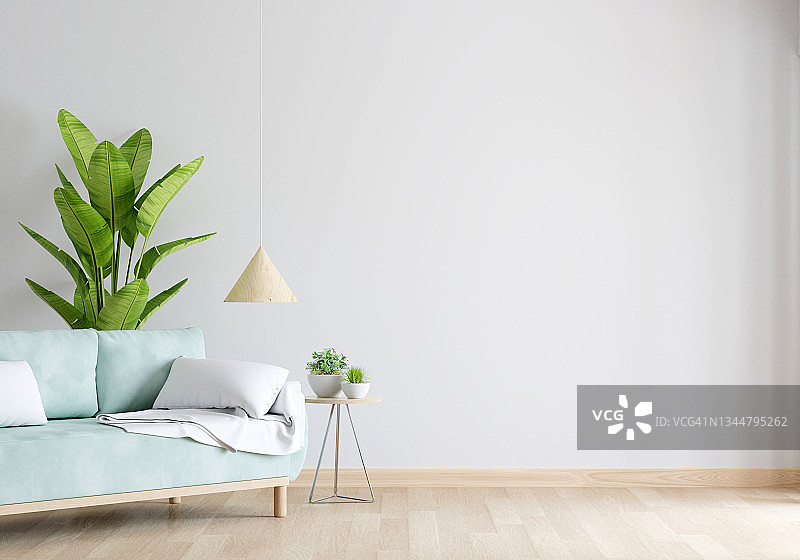白色客厅里的绿色沙发，可自由放置实物模型和3D渲染图片素材