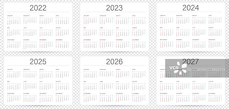 年份日历模板:2022年、2023年、2024年、2025年、2026年和2027年图片素材