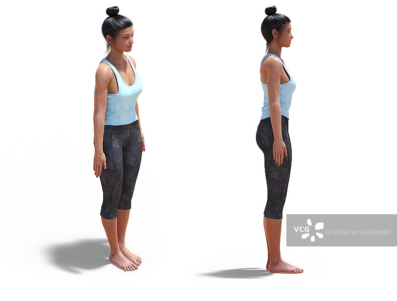 前四分之三和右侧面姿势的一个3D女人在瑜伽山姿势在白色图片素材