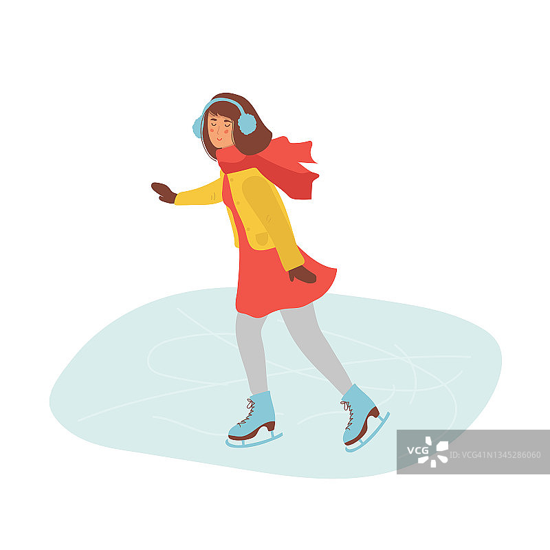 可爱的女孩穿着暖和的冬衣在结冰的冰面上滑冰。年轻女子在溜冰场花样滑冰。冬季有趣的运动活动矢量插图图片素材