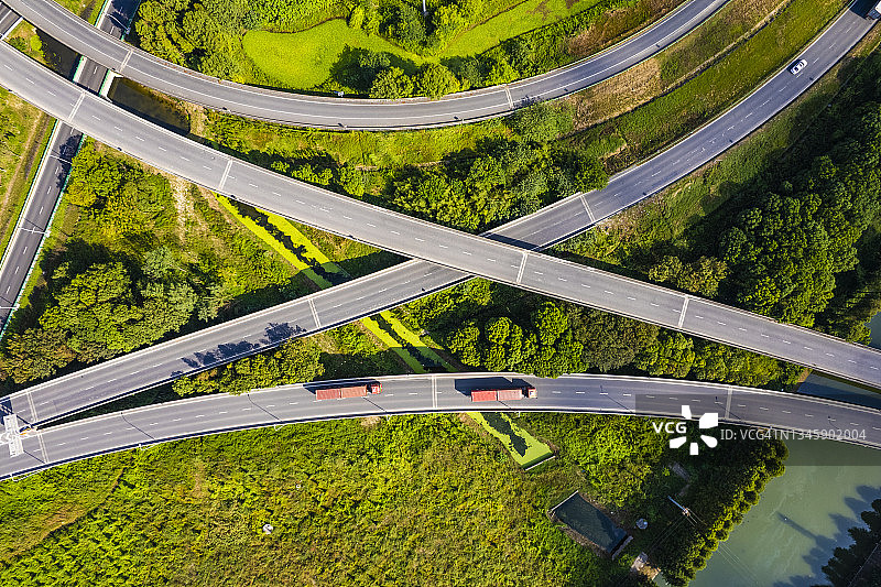 高速公路交叉口鸟瞰图，交通在上海，中国图片素材