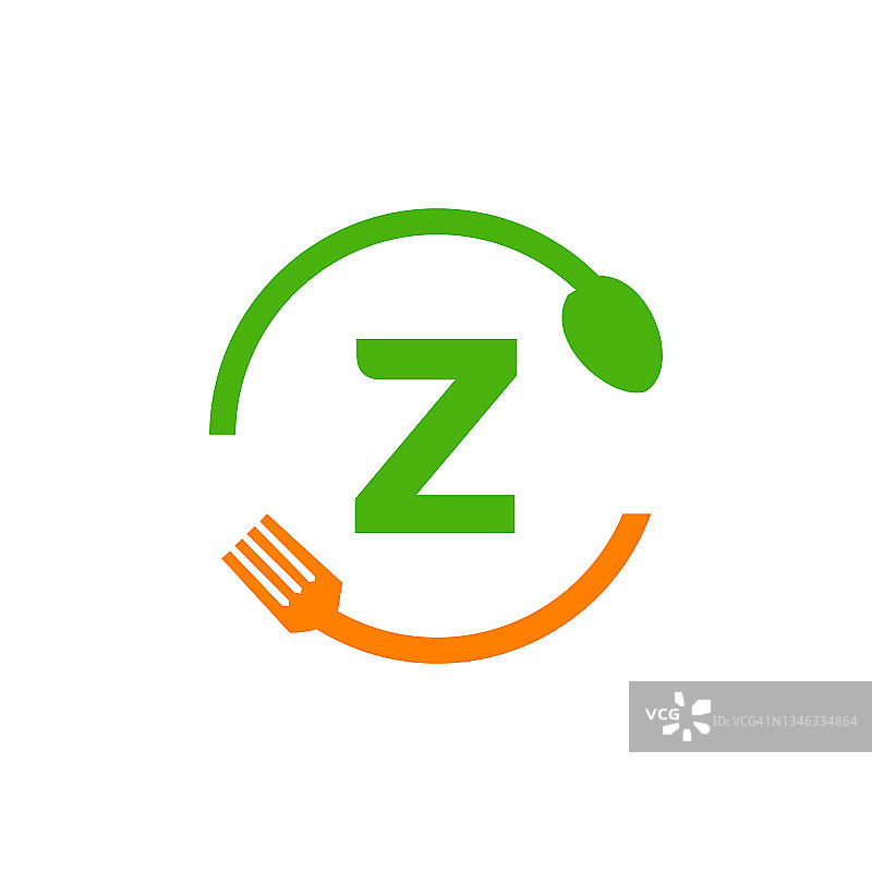 餐厅标志设计与勺子和叉子的字母Z概念模板。厨房工具，食物图标。烹饪标志，烧烤标志，烧烤叉与Z字母向量图片素材