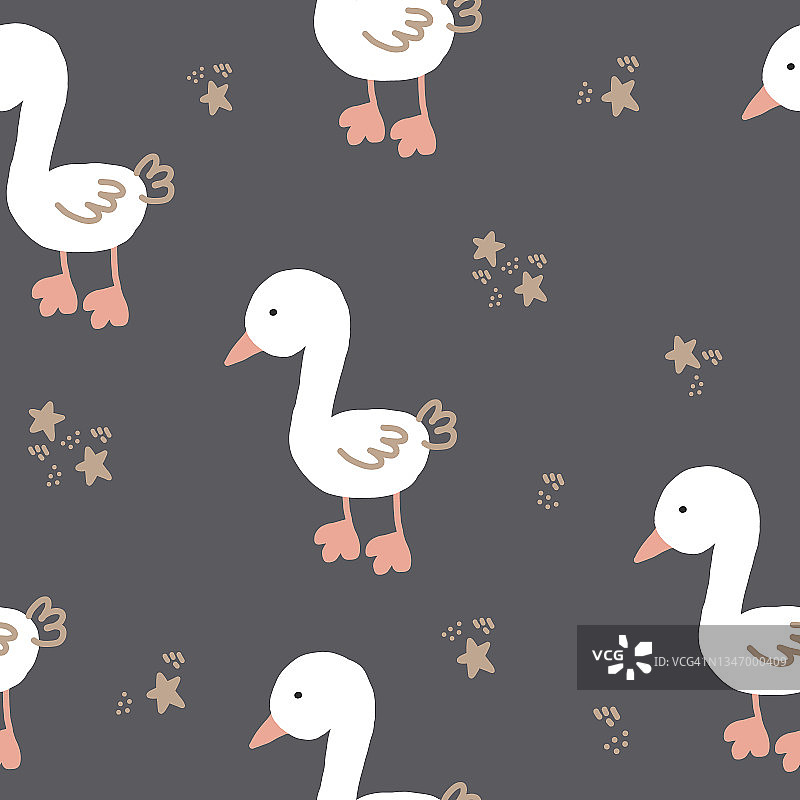 可爱的鹅无缝图案手绘。矢量，极简主义，趋势色彩。包装纸、纺织品、背景、壁纸。儿童剪纸，动物，鸟类。图片素材