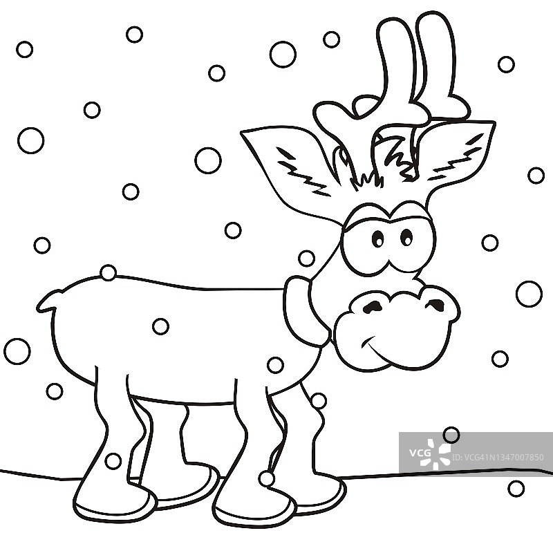 驯鹿在雪景，涂色书，eps。图片素材