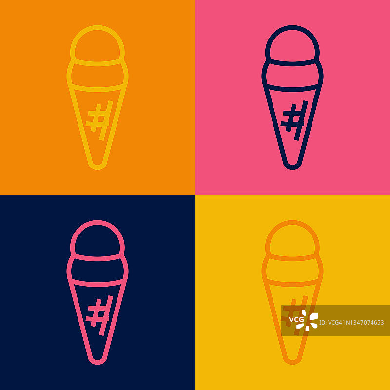 波普艺术线冰淇淋在华夫饼锥图标孤立的颜色背景。甜蜜的象征。向量图片素材