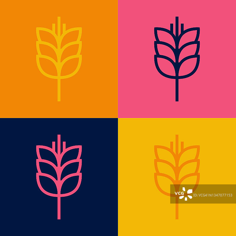 波普艺术线谷物集大米，小麦，玉米，燕麦，黑麦，大麦图标孤立的颜色背景。麦穗是面包的象征。向量图片素材