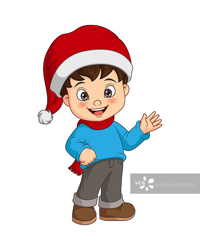 卡通小男孩戴着圣诞老人的帽子挥手图片素材