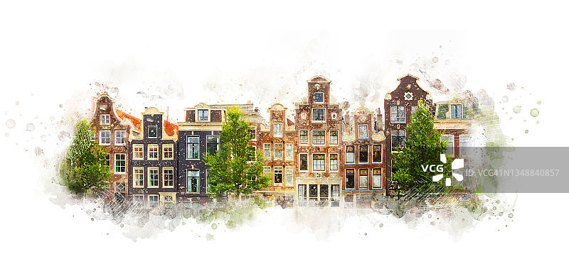 阿姆斯特丹市中心的欧式老房子-水彩画风格的背景孤立在白色上。许多漂亮的设计元素，污渍和飞溅。图片素材