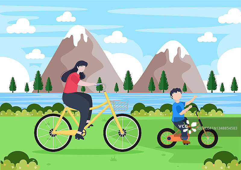自行车矢量平面插图。人们在公园路或高速公路上骑自行车、运动和户外娱乐活动是一种健康的生活方式图片素材