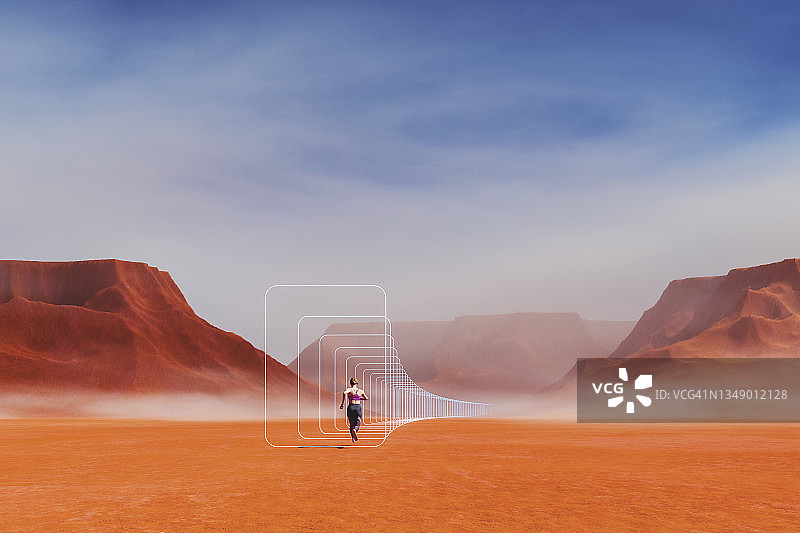 一个在贫瘠的沙漠中奔跑的女人的抽象形象图片素材