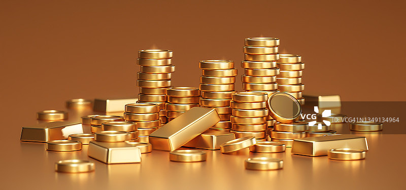 金融业务现金宝金币或黄金财富堆币、金融银行符号和盈利利润美元堆在投资市场上以经济汇率为三维背景。图片素材