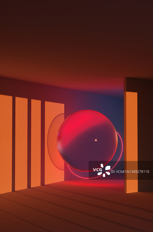 未来主义玻璃球与霓虹灯环在阳光下靠近混凝土墙。图片素材