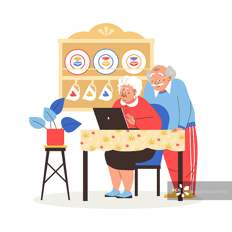 老年夫妇使用笔记本电脑在家里平面矢量插图孤立。图片素材