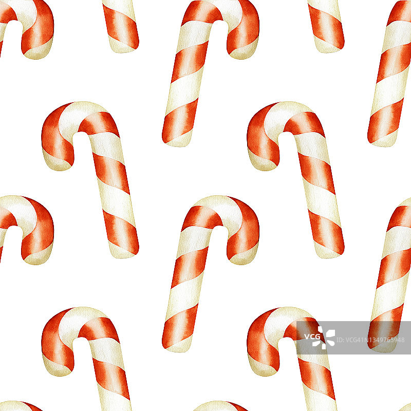 水彩圣诞糖果藤无缝图案。薄荷糖果。红白条纹薄荷焦糖，棒棒糖。手绘背景为假日打印设计图片素材