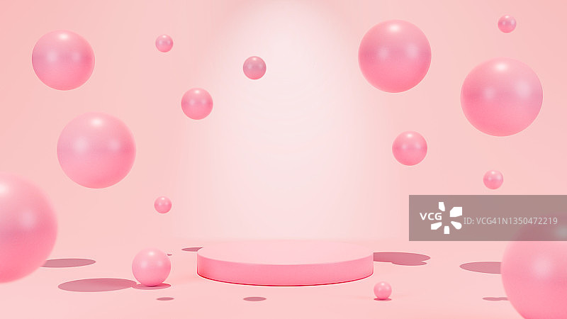 讲台，基座与粉红色的背景粉红色浮动的珍珠。图片素材