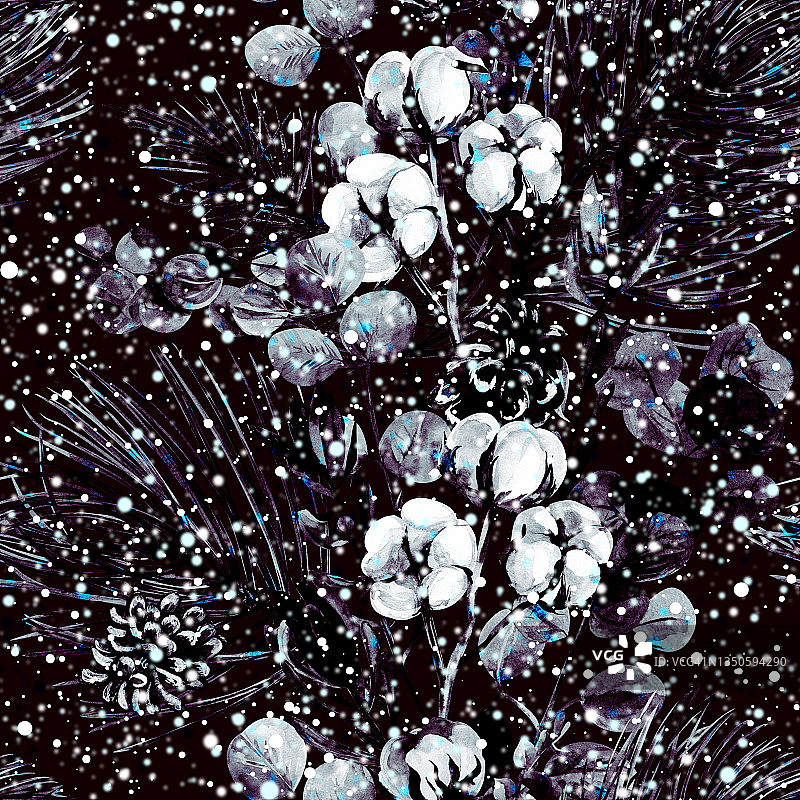 黑色和白色的水彩冬季图案与松枝和棉花飘落的雪图片素材
