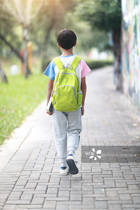 小男孩背着书包走回学校图片素材