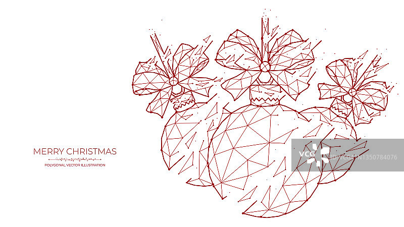 圣诞快乐创意旗帜或模板，多边形矢量插图的圣诞球与弓。圣诞装饰物低聚设计具有破坏效果。新年假期艺术快乐图片素材