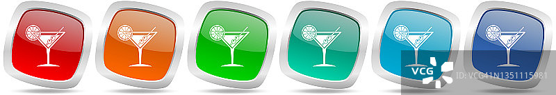 热带饮料，酒精，酒吧，马提尼在玻璃矢量图标集，现代设计，银色金属光泽多彩的网页按钮集合图片素材