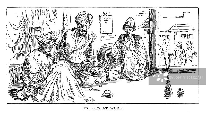 印度乡村生活场景的古老雕刻插图-工作中的裁缝图片素材