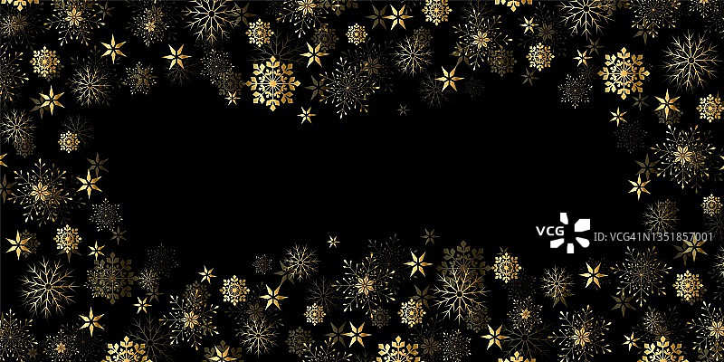 向量。优雅的黑色圣诞背景与闪亮的金色雪花。喜庆的横幅，框起金色的雪花。复制文本空间。圣诞快乐，恭贺新禧。黑暗的背景。图片素材