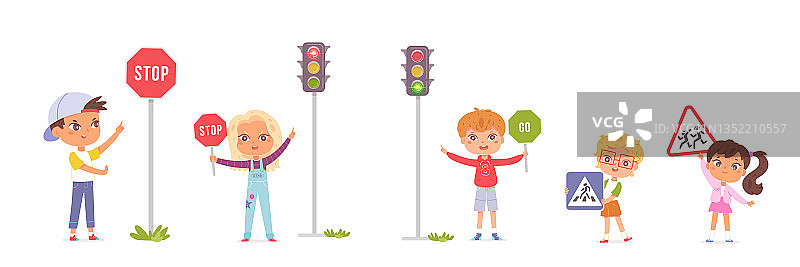 学前班儿童学习交通规则，手里拿着路标，禁止不停车通行，人行横道，注意儿童，过马路时绿灯允许。图片素材