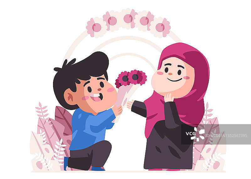穆斯林男子跪在求婚，通过给紫色头巾女子一束花现代卡通平面背景矢量插图图片素材