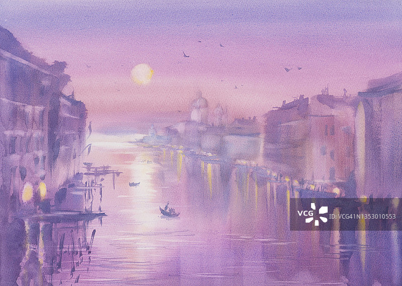 威尼斯大运河的早晨水彩画背景图片素材