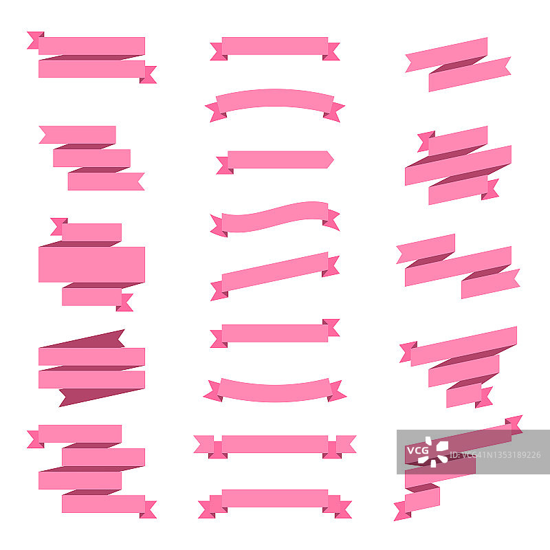 一套粉红色的丝带，横幅-设计元素在白色的背景图片素材