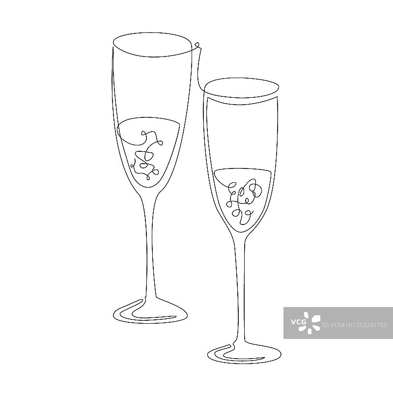 两杯香槟，连续的一线画风格。两杯葡萄酒，矢量插图孤立在白色图片素材