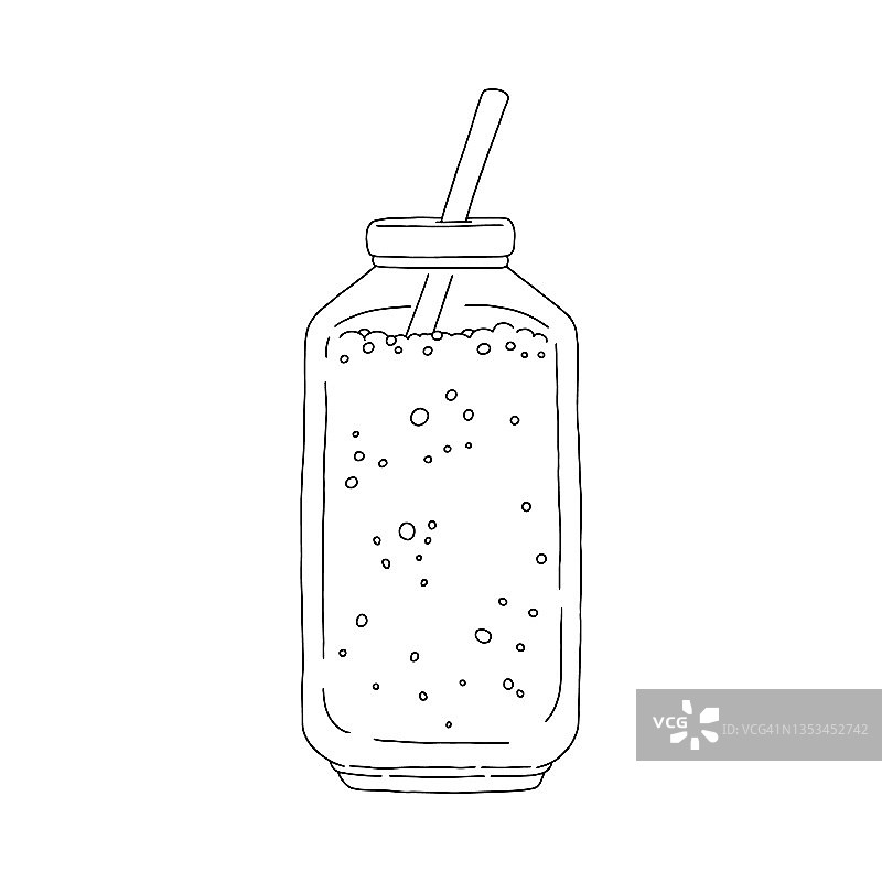 玻璃罐与果汁，冰沙或鸡尾酒，轮廓涂鸦风格-矢量插图孤立在白色背景。图片素材