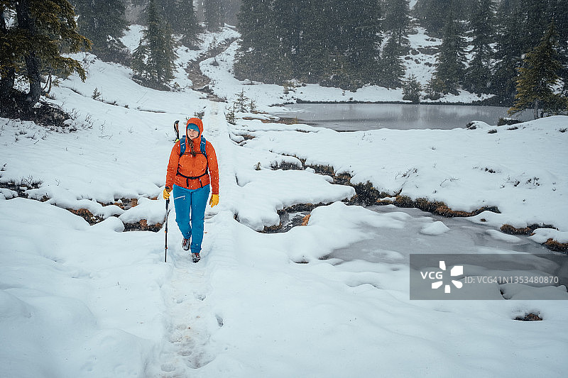 在斯特拉斯科纳省级公园，一名女性徒步旅行者沿着结冰的湖岸边行走图片素材