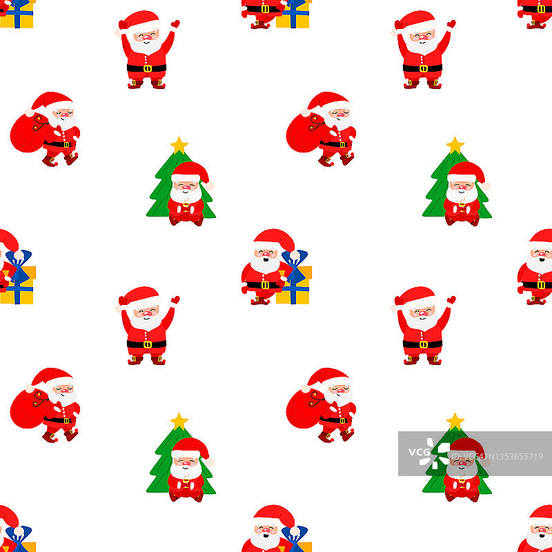 圣诞矢量图案可爱的圣诞老人，圣诞树和圣诞树玩具的卡通风格。图片素材