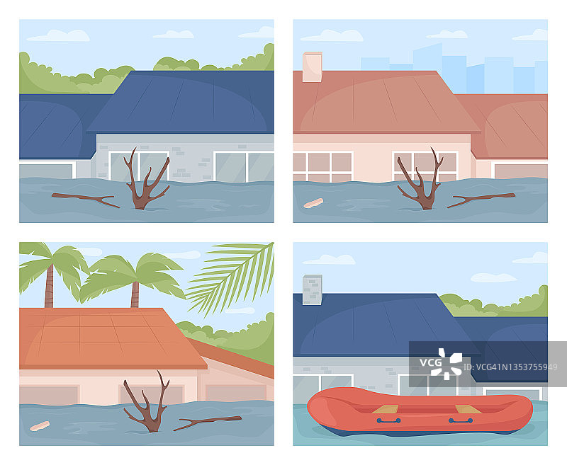 洪水在城市地区平坦的颜色矢量插图集图片素材