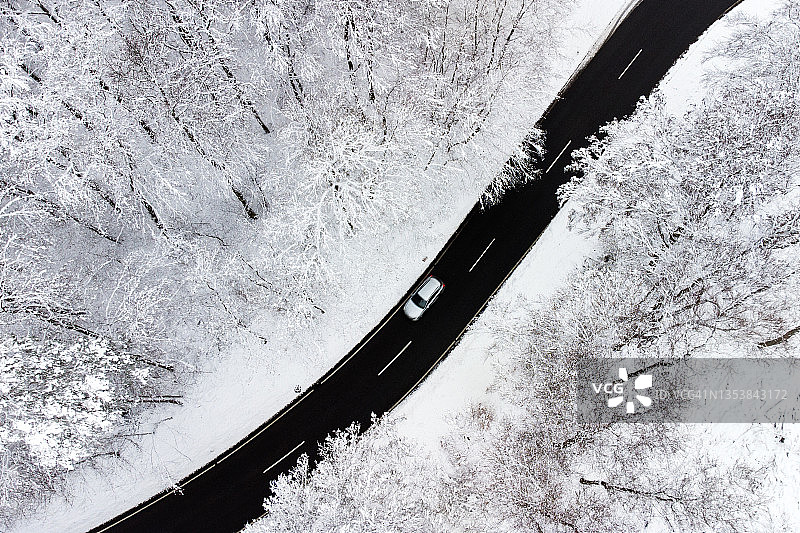 道路通过冬季景观-鸟瞰图图片素材