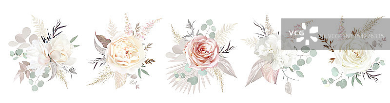 淡褐色，白色，粉红色的玫瑰，苍白的毛茛，灰白色的木兰，绣球花，潘帕斯草图片素材