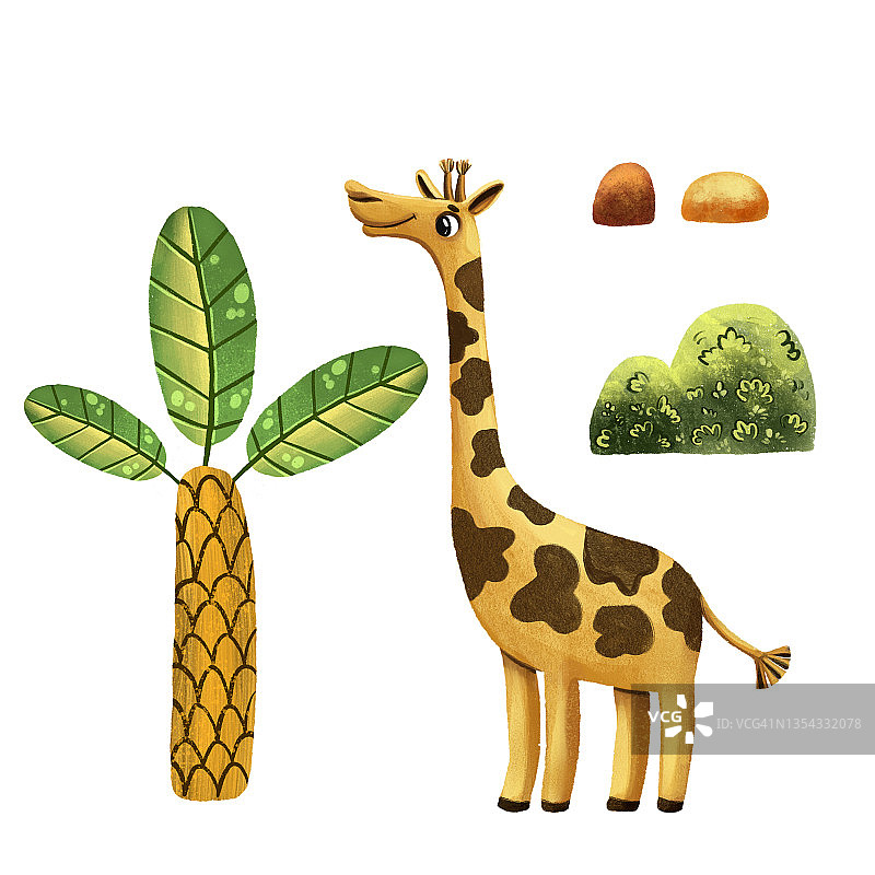 可爱的非洲插图。站在长颈鹿。热带稀树草原景观。丛林插图。孩子的卡通风格。自然丛林。热带打印。稀树大草原。非洲的野生动物。Safari打印。灌木和棕榈树图片素材