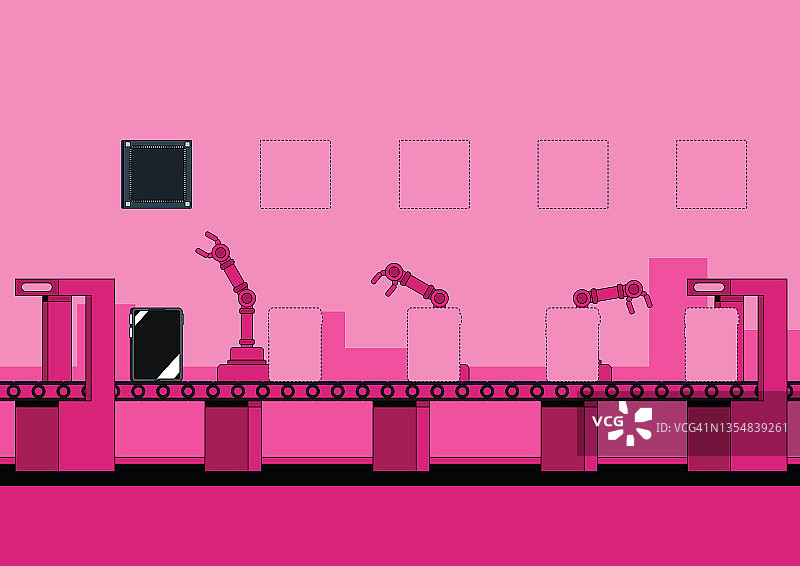 自动化平板电脑装配线，由于全球微芯片短缺，产品尚未完成。单色插图与充满活力的粉红色。图片素材