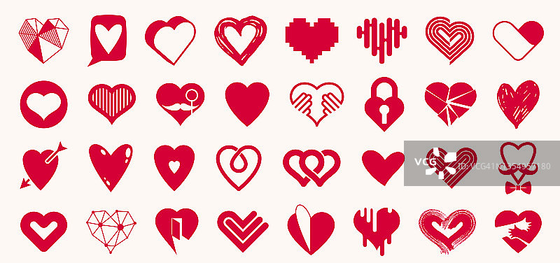 收藏心形矢量标志或图标集，不同风格的心形和概念符号，爱与关怀，健康与心脏病学，几何和低聚。图片素材