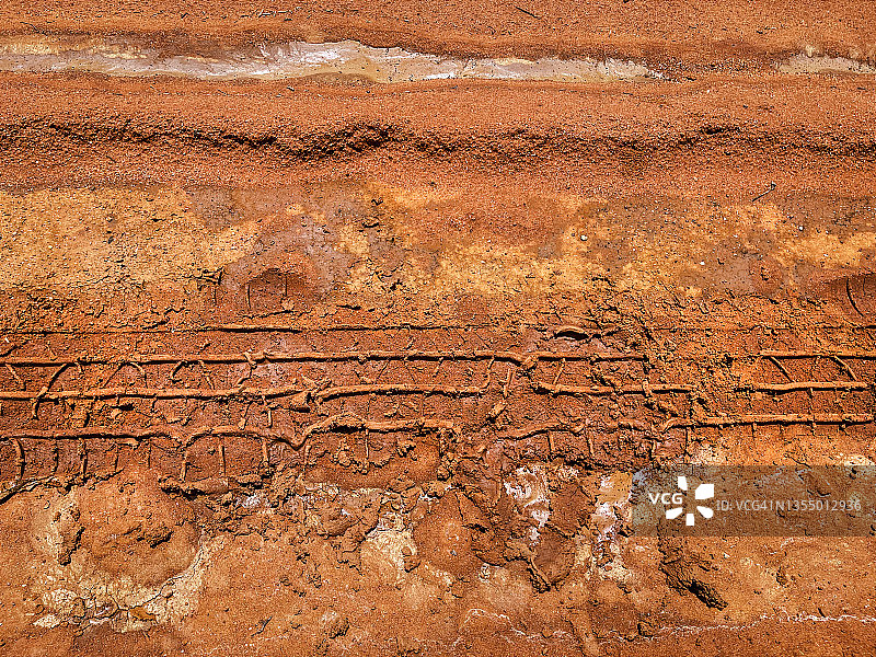 在澳大利亚内陆的沙漠土路，干泥的轮胎轨迹图案图片素材